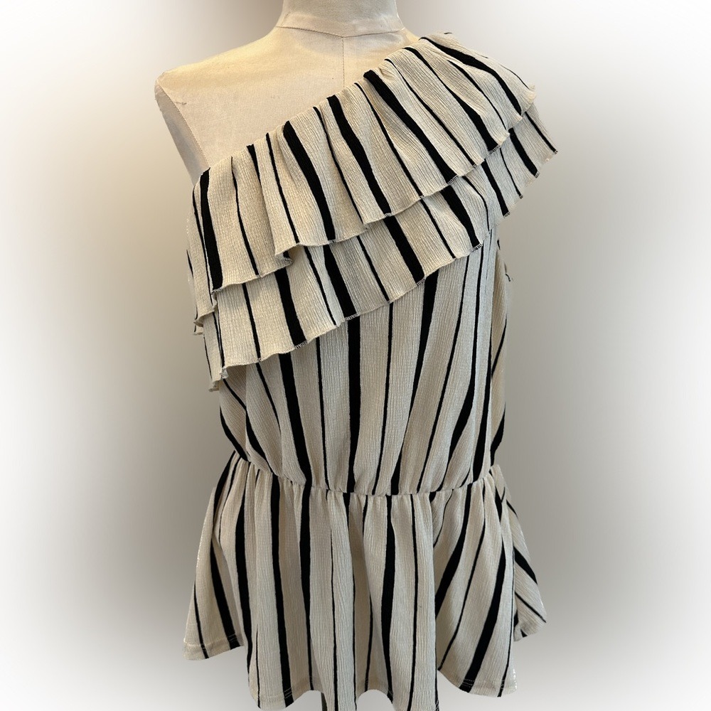 Maeve by Anthropologie Black and White Striped One Shoulder Ruffle Peplum Top